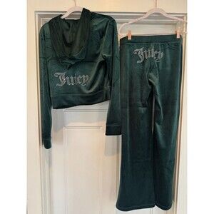 JUICY COUTURE Velour OG Bling Tracksuit Hoodie Pant Set Pine Green Small S NEW